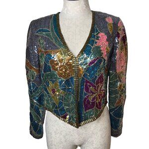 Jack Bryan Vintage Womens Jacket Size S Multicolor Floral Sequin Beaded